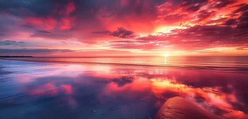 Foto op Canvas a fiery, vibrant sunset over a peaceful, deserted beach, with the colors of the sky reflecting on the wet sand and calm waters © Tehreem