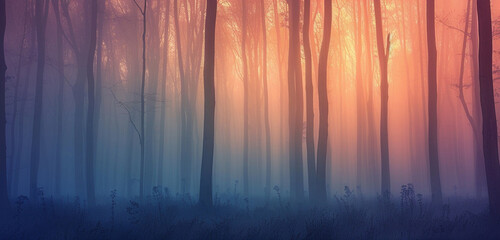 a mysterious, fog-covered forest at dawn, with the silhouettes of trees and the subtle color...