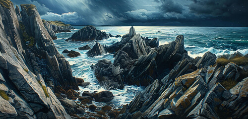 a rocky coastline with sharp, jagged cliffs against a stormy, dark blue sky, showcasing the power...
