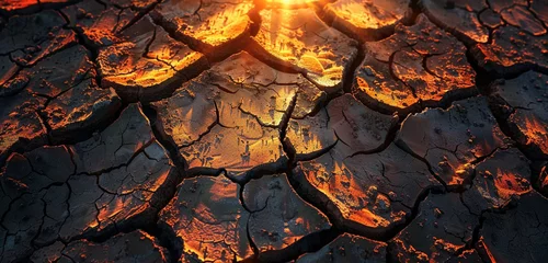 Poster High-resolution image capturing the intricate details of a dry, cracked earth surface under a scorching, orange sunset, devoid of life but full of texture © Tehreem