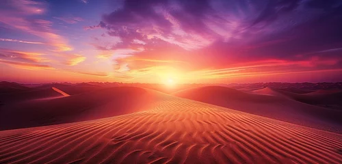 Fototapeten a vast, sandy desert under a twilight sky, with sharp, intricate textures of sand dunes highlighted by the purple and orange hues of the setting sun © Tehreem
