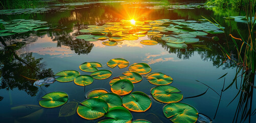 a calm, reflective pond surrounded by vibrant, green lily pads under a soft, golden sunset,...