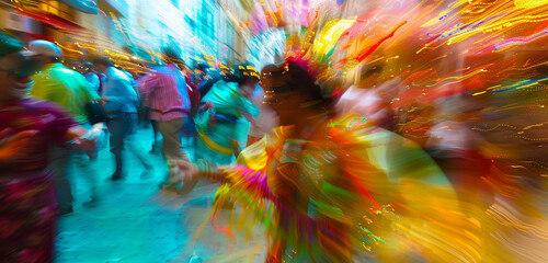 High-resolution image capturing the bright, vibrant colors and dynamic festivities of a traditional street carnival, filled with energy and movement