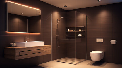 Fototapeta na wymiar Contemporary Bathroom with Wooden Elements and Recessed Shelf Lighting