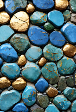 Background small round stone wall pattern tile mosaic design wallpaper abstract texture blue, green, gold luxury