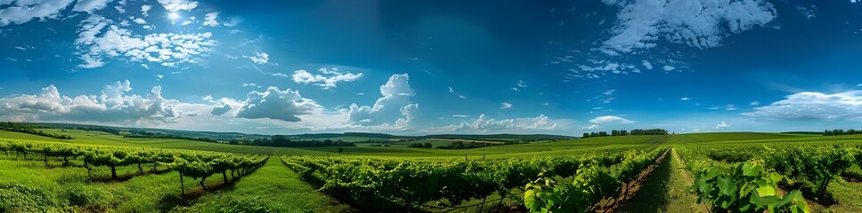 Green plantation with rows of grapevines with sunny clouds. - obrazy, fototapety, plakaty