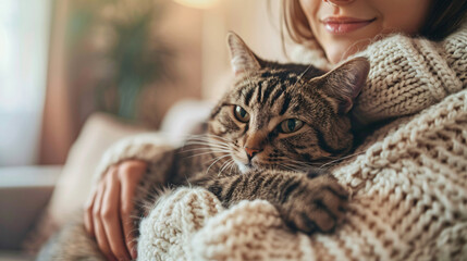 Feline Affection: Cute Cat Snuggling Up to Its Owner, Creating a Heartwarming Bond of Love and Comfort