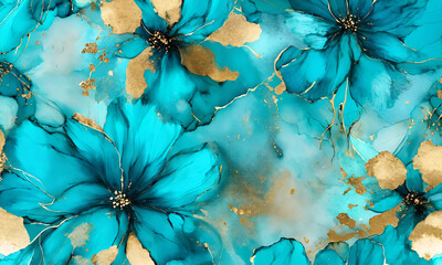 Elegant turquoise  flowers alcohol ink background with gold glitter elements
