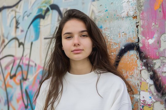 Portrait of a beautiful young girl in a white T-shirt in front of funky wall, Ai Generated