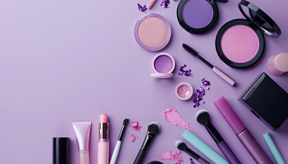 many cosmetics products for makeup on lilac pastel background.