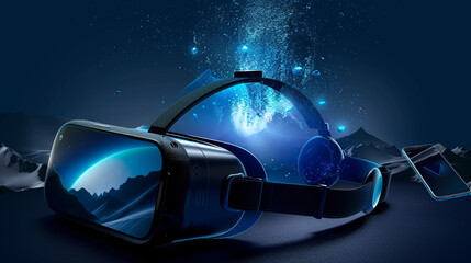 A virtual reality headset connected to a smartphone, displaying a breathtaking, immersive digital world, illustrating the capabilities of mobile VR technology. 32k, full ultra HD, high resolution