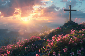 A religious cross on a hilltop with spring flowers and the sunrise, depicting Christian art and spirituality. - obrazy, fototapety, plakaty