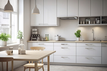 Kitchen with white walls and furniture, minimalist home interior design. Theme of background, Scandinavian style