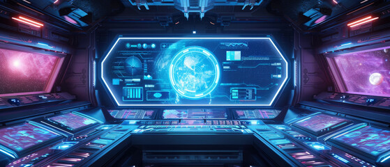 Control room with computer screens in command center or spaceship, futuristic digital dashboards. Theme of intelligence, ai technology, future, interior - obrazy, fototapety, plakaty