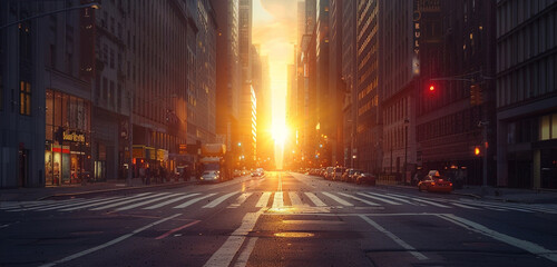 High-resolution visual of a tranquil, early morning cityscape, with the rising sun casting warm hues over silent, empty streets and buildings