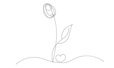 Tulip one line drawing .Abstract flower continuous line. Minimalist contour drawing of tulip. Continuous line drawing of flower tulip. Hand drawn sketch of flower with leaves. Tulip outline icon. 