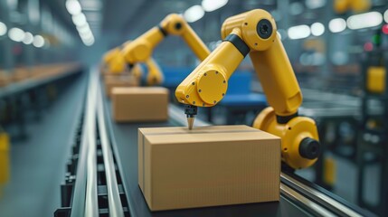 A robot is moving boxes on a conveyor belt, AI