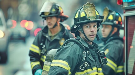 Firefighters in action with helmets and safety gear on urban street. Emergency response and bravery concept for design and banner - obrazy, fototapety, plakaty