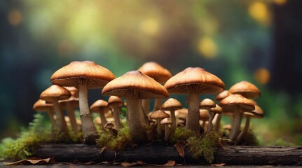 Close-up of mushrooms on the ground. Blurred background - obrazy, fototapety, plakaty
