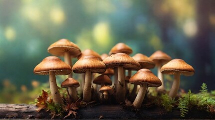 Fototapeta premium Close-up of mushrooms on the ground. Blurred background