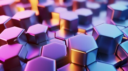 3d rendering of abstract background with hexagons in purple and orange colors