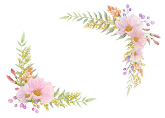 Beautiful border of spring and summer flowers.  Vector illustration of pink, yellow and purple colored frame.
