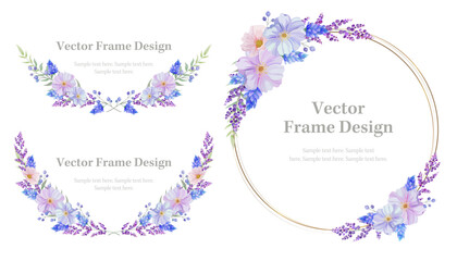 Botanical flowers frame, border and laurel set of spring flower and leaf. Blue, pink and purple wild flowers vector illustration. round and circle