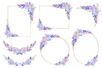 Botanical frame, border and laurel set. Blue, pink and purple wild flower on white background.  Gold line circle, square , oval and rectangle with plant wreath. Vector illustration.