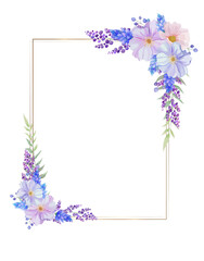 Botanical rectangle frame and border of spring flower and leaf. Blue, pink and purple wild flowers vector illustration.
