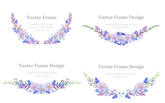 Botanical frame and laurel wreath border set of spring flower and leaf. Blue, pink and purple wild flowers vector illustration.