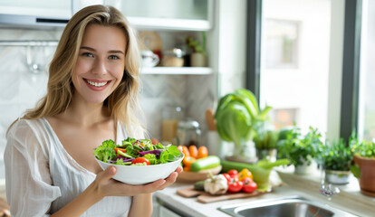 Obraz na płótnie Canvas A young cheerful smiling girl in the kitchen preparing a salad and tasting it, healthy food