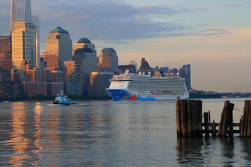 Norwegian Gem on Hudson River with New York City NYC Manhattan Downtown Skyline and One World Trade...