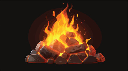 Burning bonfire or campfire laid cobblestones flame