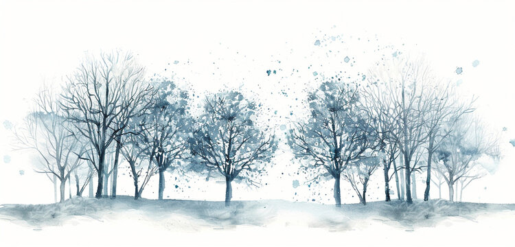 A stark winter scene, with barren trees and falling snow, rendered in charcoal gray and icy blue ink, isolated on white background