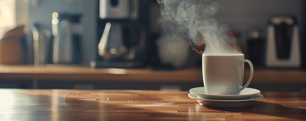 Steaming coffee cup on a kitchen counter with coffee maker in the morning light. - obrazy, fototapety, plakaty