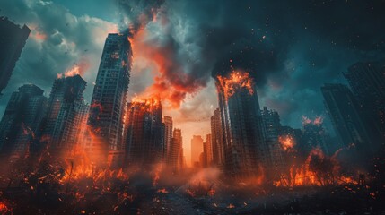 A city is on fire with buildings in the background, AI