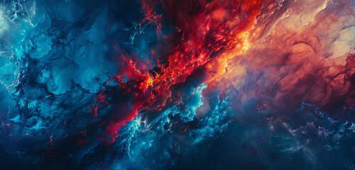 A super sharp, cinematic representation of an abstract world where fiery crimson and deep azure...