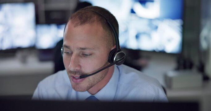 Emergency, call center and man on computer for service, first responder and customer support. Telecommunication, surveillance office and person with headset for security, helpline and consulting