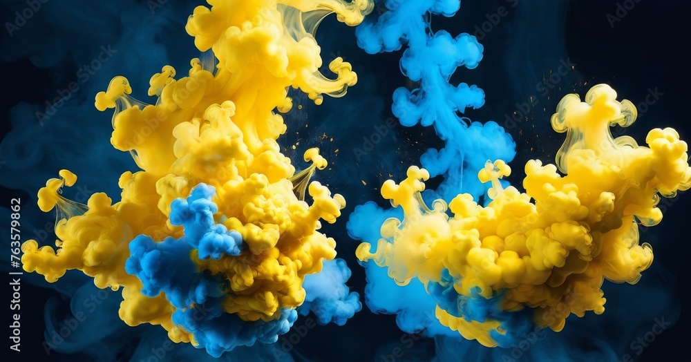 Poster intense yellow smoke intertwines with blue, creating a striking visual contrast. this image simulate