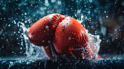 A pair of red boxing gloves are splashing in the water, AI