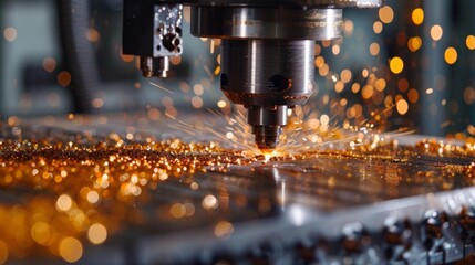 A machine is cutting metal with sparks flying everywhere, AI - Powered by Adobe