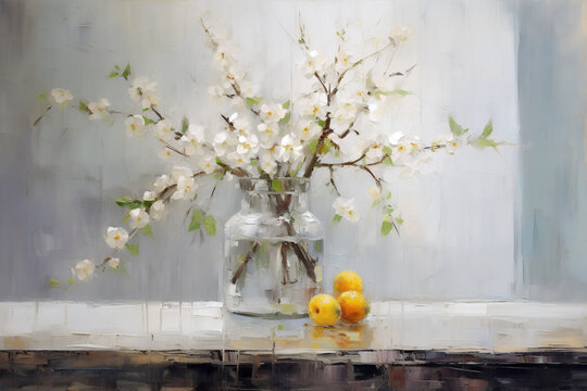 Spring still life. Oil painting in impressionism style.