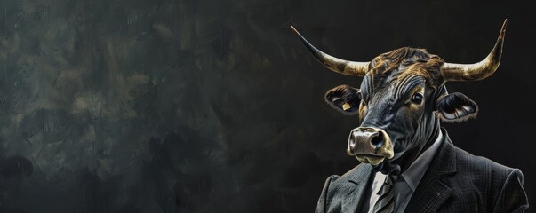 Elegant bull in suit on dark background
