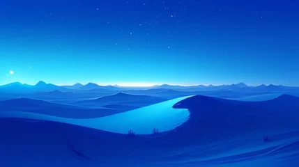 Fotobehang Tranquil illustration of a desert under a starry sky with gentle dunes and a crescent moon © Denys