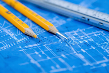 Drawing of a house, with model house layout and tools, creating new room construction, house design