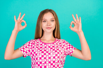 Photo portrait of nice teen woman show double okey good quality dressed stylish pink print outfit...