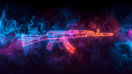 Vivid Neon Representation of an Assault Rifle AK-47 Surrounded by Swirling Smoke on a Dark Background. AI. - obrazy, fototapety, plakaty