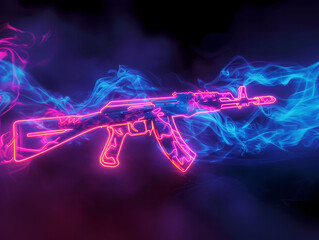 Neon Lights Trace the Outline of an Assault Rifle Against a Dark Background. AI. - obrazy, fototapety, plakaty