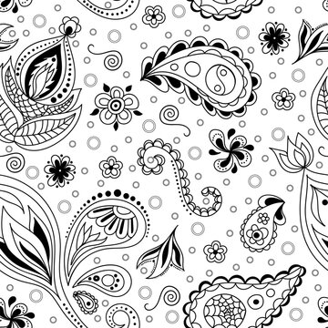 Hand draw seamless pattern with arabic, oriental, indian motiv. Traditional ornament, paisley. Vector illustration
