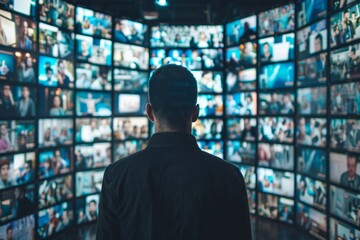 Surrender to media: man overwhelmed by a wall of screens - obrazy, fototapety, plakaty